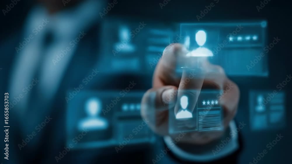 A businessman selecting digital profile interface for busines technology, human resource management, recruitment, and data analysi in modern corporate environment, innovative digital selection proc A businessman selecting digital profile interface for busines technology, human resource management, recruitment, and data analysi in modern corporate environment, innovative digital selection proc