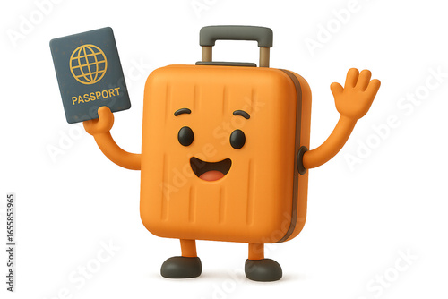 3D suitcase with a face and hands, waving a passport and smiling, personifying travel as joyful, alive, and ready for adventure.