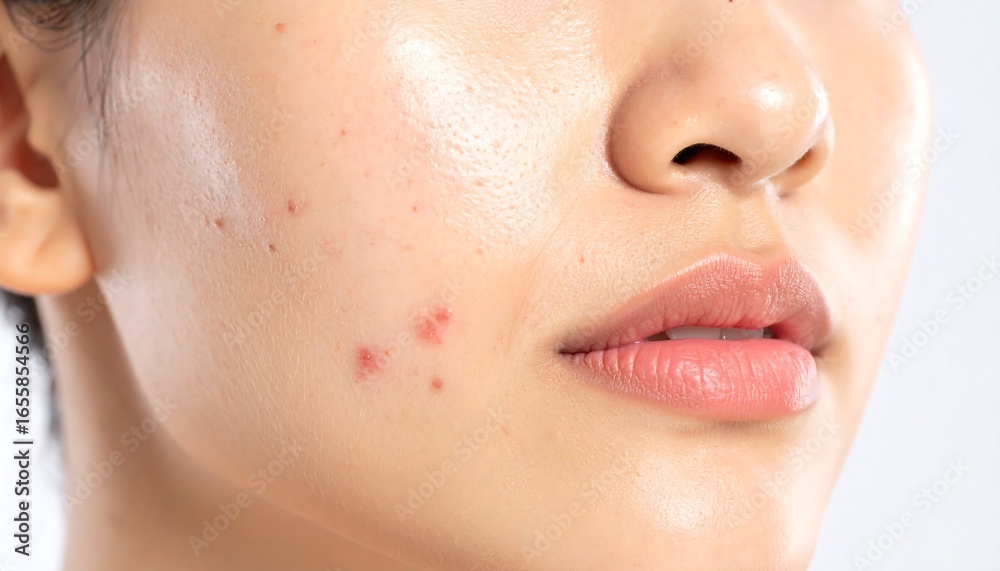 Obraz premium Close-up of a Woman's Face with Acne and Makeup