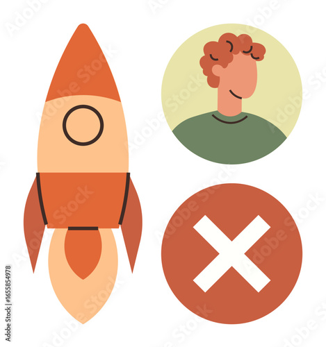 Red and orange rocket, profile of a person with curly hair, and cross within circle. Ideal for startup, decision, rejection, project launch, failure team selection creativity. Simple flat metaphor