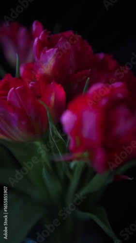 赤い八重咲きのチューリップの花束