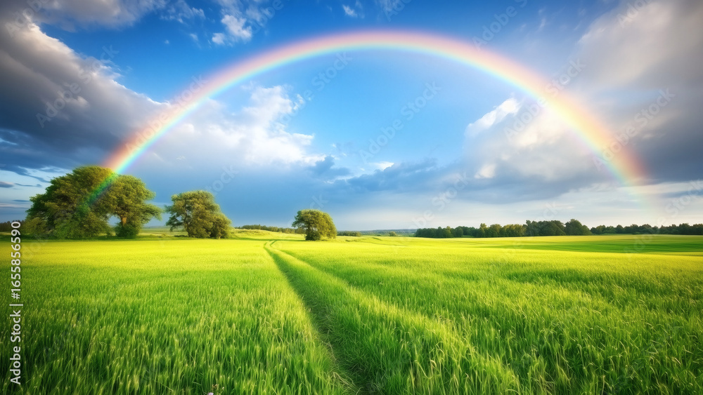 Naklejka premium Rainbow arch glowing over peaceful countryside field and sky.