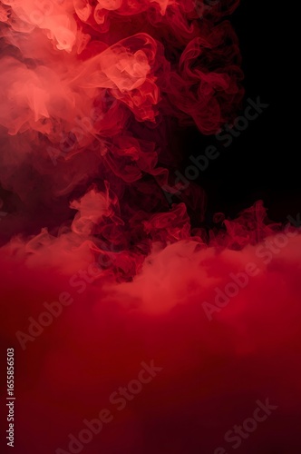 Dry ice red smoke clouds fog floor texture. Perfect spotlight mist effect on isolated black background