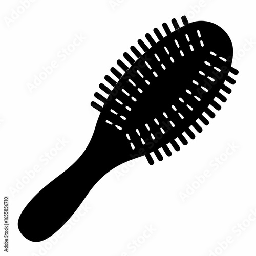 Black Silhouette Icon of a Hair Brush- Black vector illustration of an oval hair brush with bristles and handle, representing grooming, hairstyling, and personal care  
