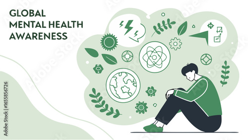 Global mental health awareness illustration with anxious young man  