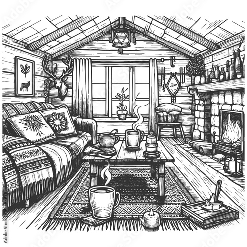 warm and inviting log cabin living room, detailed homey decor sketch engraving generative ai vector illustration. Scratch board imitation. Black and white image.
