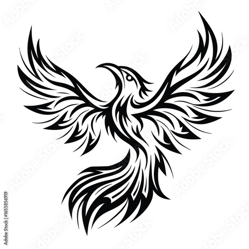 Stylized rising phoenix showing patterned feather markings in solid black over a white background