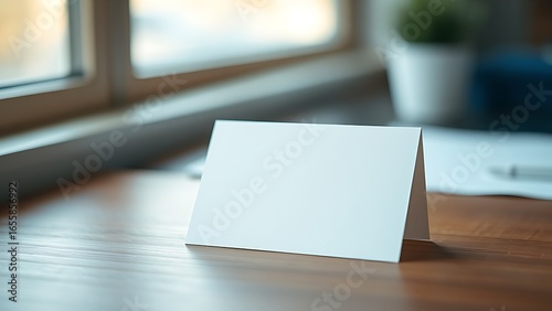 A blank notecard placed on a wooden desk with soft diffused lighting and shallow focus.