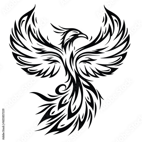Stylized phoenix spreads its ornate black wings widely against a solid white canvas
