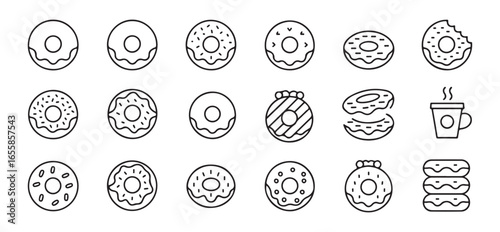 A variety of donut and coffee icons, including bites and donut sandwiches.