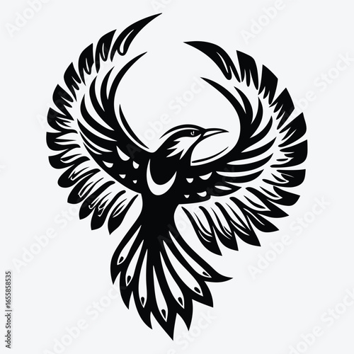 Striking black bird soars with intricately detailed wings spread wide, displaying strength