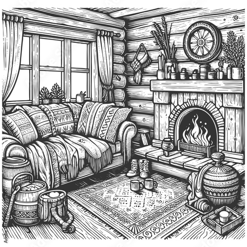 warm and inviting log cabin living room, detailed homey decor sketch engraving generative ai vector illustration. Scratch board imitation. Black and white image.