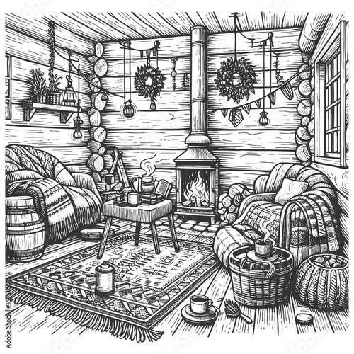 warm and inviting log cabin living room, detailed homey decor sketch engraving generative ai vector illustration. Scratch board imitation. Black and white image.