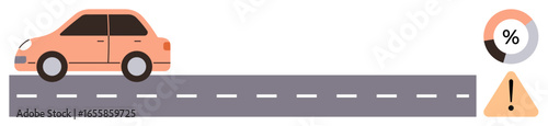 Compact car on a dashed road. Circular graphic displays progress percentage triangle alert emphasizes potential caution. Ideal for transport, safety, caution, efficiency, progress tracking, risk