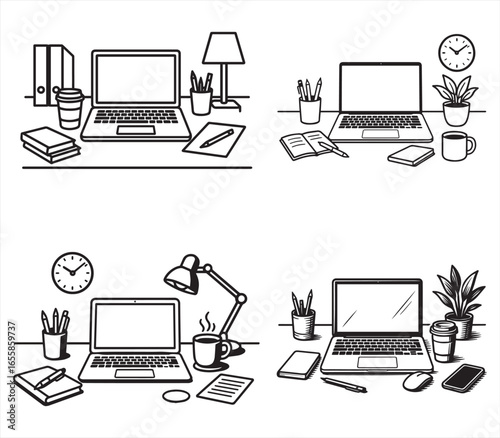 Desk Setup Illustration – Laptop and Office Supplies Vector