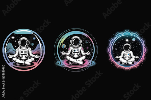 Astronauts meditating in cosmic bubbles meditation