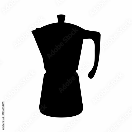 Black Silhouette Icon of Moka Pot Coffee Maker-Black vector silhouette of a moka pot coffee maker with handle, commonly used for espresso brewing, kitchen design, and cafe graphics