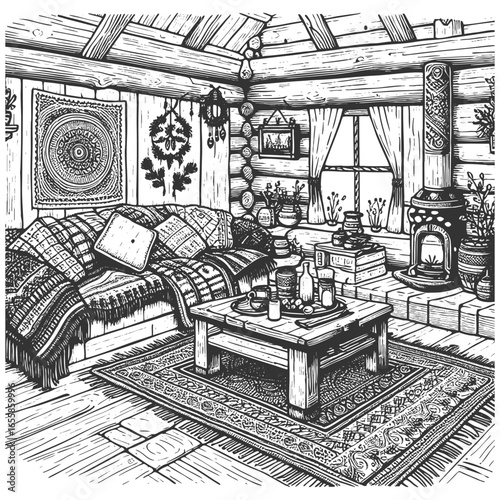 warm and inviting log cabin living room, detailed homey decor sketch engraving generative ai vector illustration. Scratch board imitation. Black and white image.