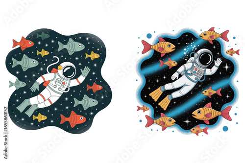 Astronaut swimming with fish in space stars