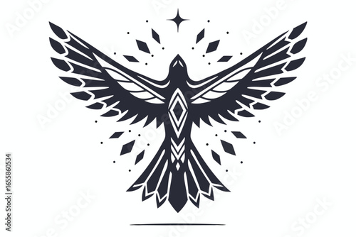 Stylized monochrome raven with spread wings soars among geometric stars on a white backdrop