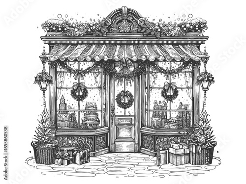 shop decorated for Christmas, featuring wreaths, reindeer figures, garlands, and wrapped gifts outside sketch engraving generative ai vector illustration. Scratch board. Black and white image.