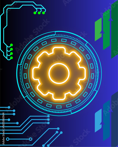 Futuristic technology background with a glowing neon gear icon and circuit board patterns.