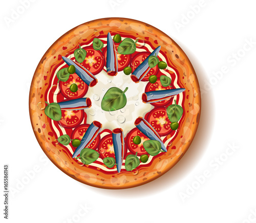Classic Napoletana pizza. White background. Vector. Large anchovies, juicy tomatoes, salty capers, and fresh oregano. Used for menus, websites, and packaging design