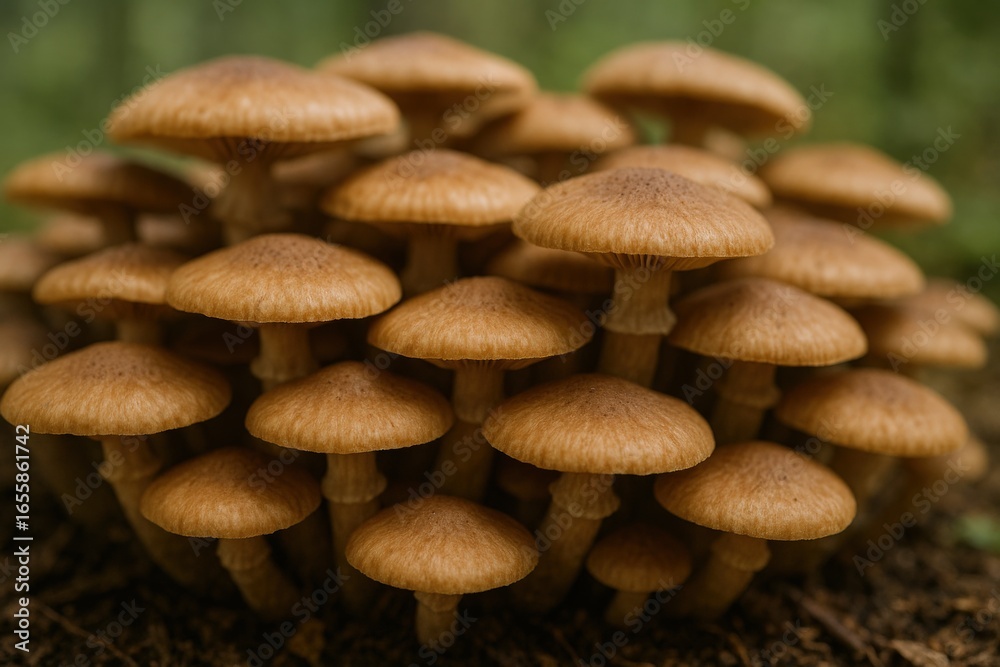 Obraz premium Cluster of Wild Mushrooms Growing in Forest, Selective Focus Photography, Organic and Healthy