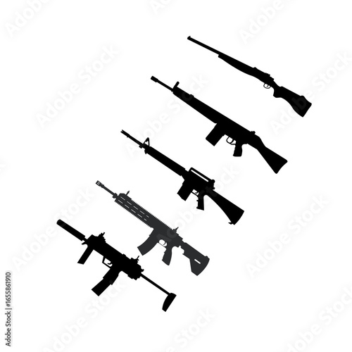 Black silhouette collection of rifles and machine guns. Isolated weapon icons on white background, ideal for military, army, war, and security design use.

