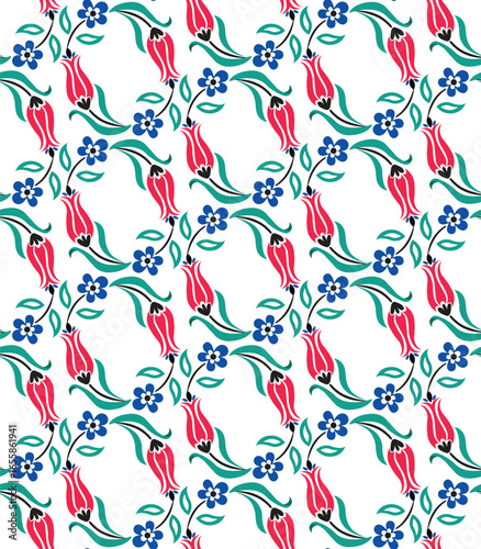 Turkish tulip and flowers seamless pattern design. Ottoman style.