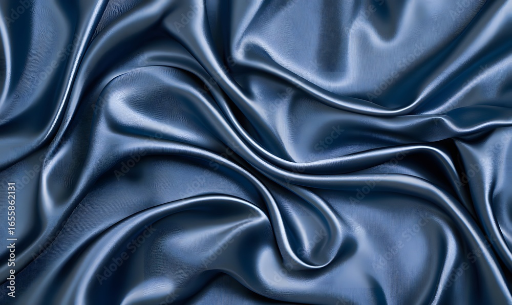Fototapeta premium A close up shot of a blue silk fabric with soft folds and a smooth, shiny texture surface