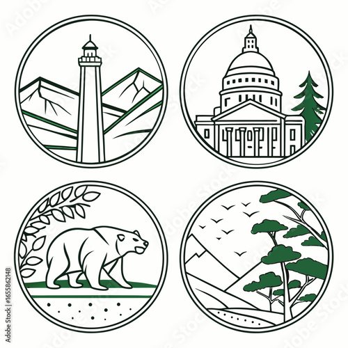 California icons vector illustration featuring a bear, lighthouse, capitol building and nature scenes showcasing state symbols and landmarks within circular frames