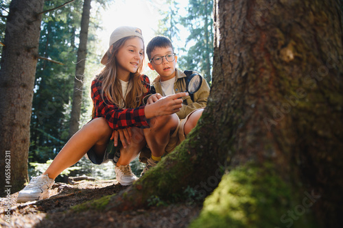 Valokuva Curious children exploring nature with magnifying glass in forest