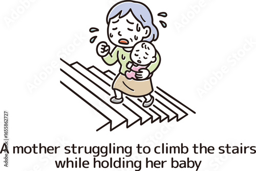 赤ちゃんを抱いて汗だくで階段を上がるママ
A sweaty mother carrying her baby up the stairs
