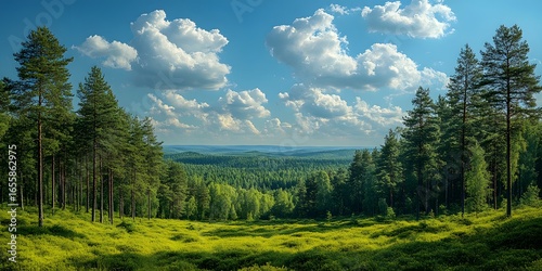 A scenic view of a lush green forest with tall trees under a bright blue sky with clouds