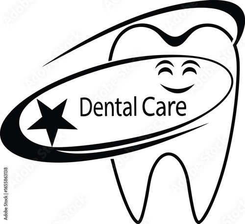 Happy tooth logo vector illustration with smile and heart design elements