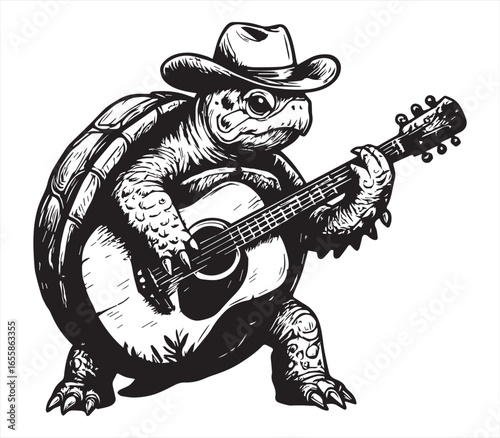 Cowboy Turtle Playing Guitar – Funny Animal Music Illustration
