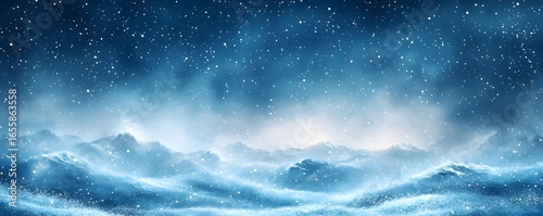 A wintery landscape with snow falling and a bright light shining through the clouds above