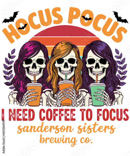 Hocus Pocus Coffee Witches – Retro Halloween skeleton trio sipping iced coffee, spooky cute goth illustration with bats and stars, vintage t-shirt, sticker, sublimation art
