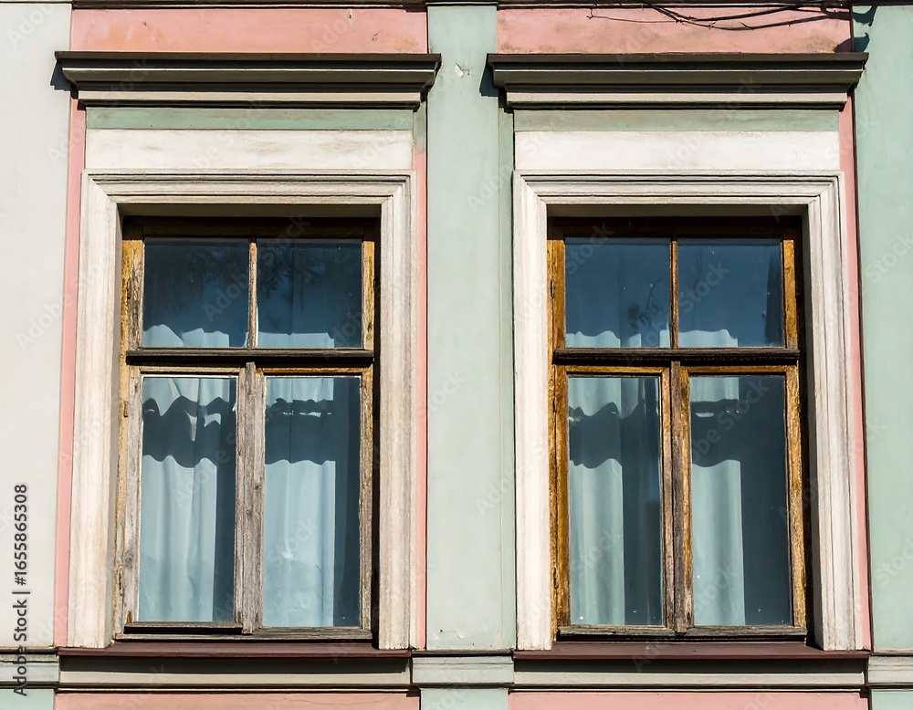 Fototapeta premium Two antique windows on a pastel-colored building