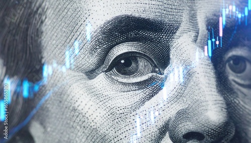 Closeup of Benjamin Franklin's Eye Overlaid with Stock Market Chart