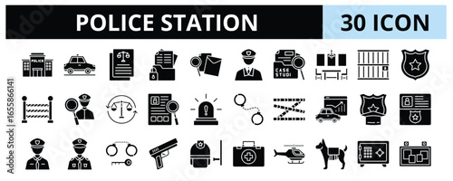 30 Police Station Glyph Icons Vector - Police Office, Evidence, Detective, Crime, Safe box, Gun, Police Line