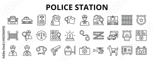 30 Police Station Line Icons Vector - Police Office, Evidence, Detective, Crime, Safe box, Gun, Police Line