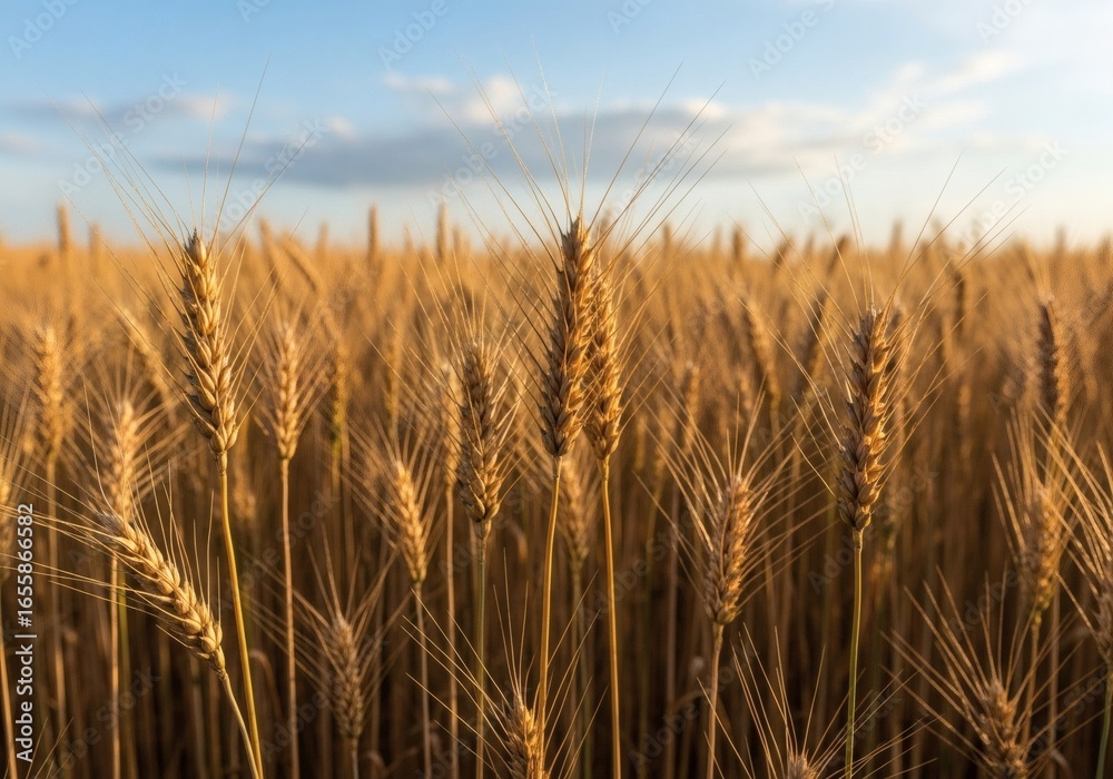 Fototapeta premium A closeup view of a golden wheat field under a blue sky