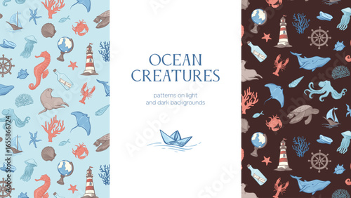 Seamless patterns on light and dark backgrounds from underwater animals. Objects for sea travel. Sea and ocean inhabitants of the underwater world.