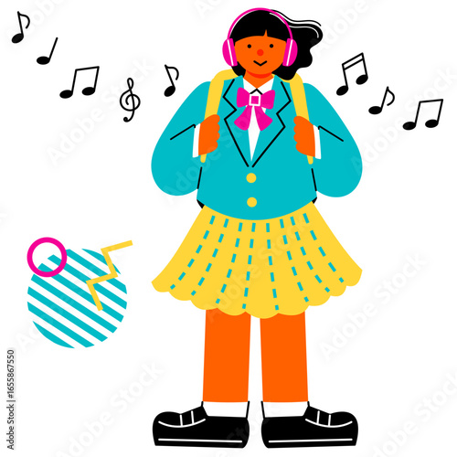 Pop and colorful illustration of a female student listening to music through headphones