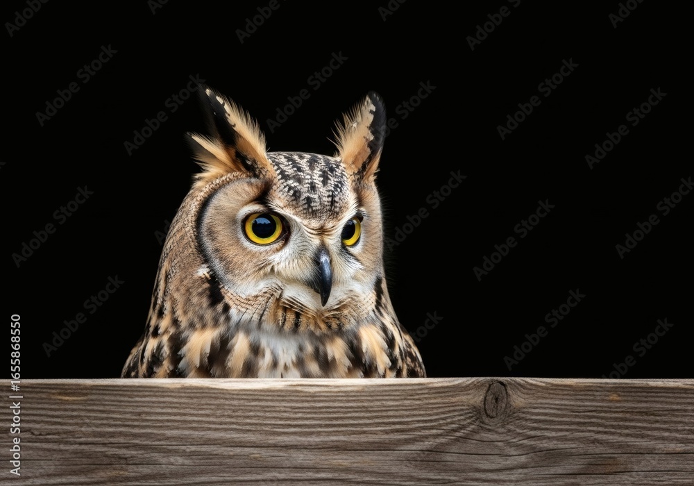 Obraz premium An owl with bright yellow eyes peeks over a wooden ledge against a black background
