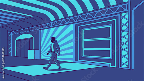 Illustration of a man walking on a stage with blue background and stage lights for graphic design use