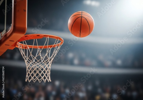 Basketball hoop and ball with stadium background