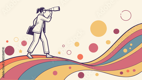 Business woman with telescope looking for opportunity future vision career growth success strategy concept